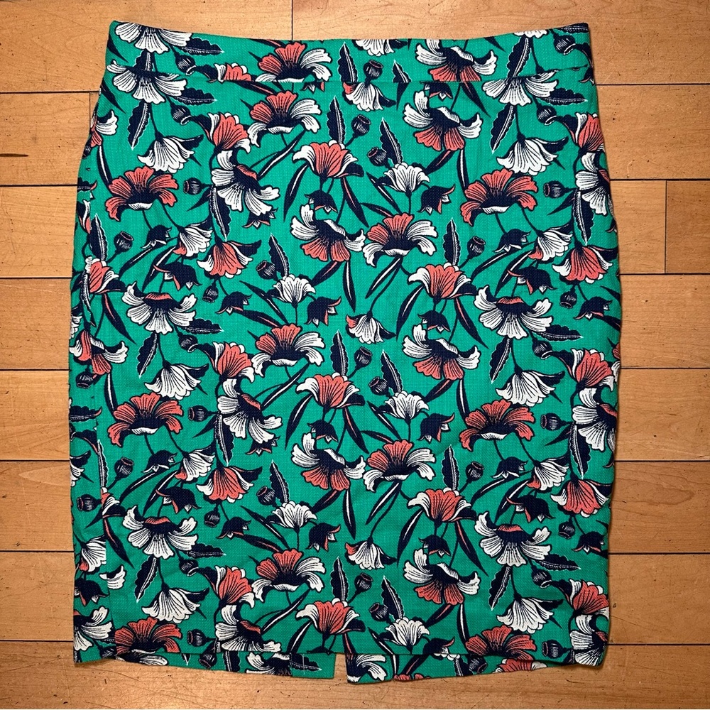 J by J. Crew | Green and Orange Floral Print Cotton Pencil Skirt